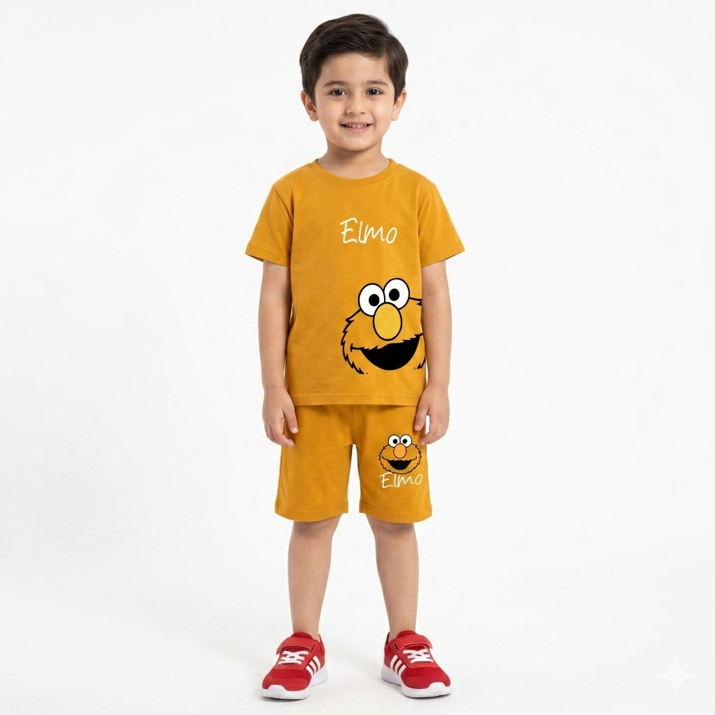 Mustard color Elmo boys' summer coordinated set for ages 1-12 by lilcubspk, featuring a top and shorts with Elmo print.