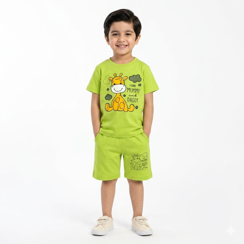 “Mummy & Daddy Love” Parrot Green Summer Coord Set for Boys (1–12 Years)