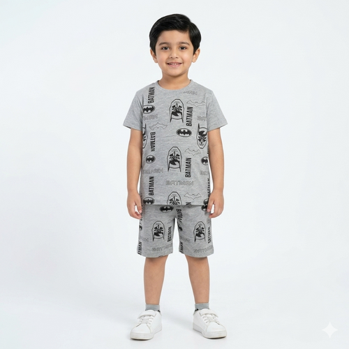 Grey Batman summer coord set for boys, 2-piece outfit with Batman print, suitable for ages 1 to 12, by lilcubspk.