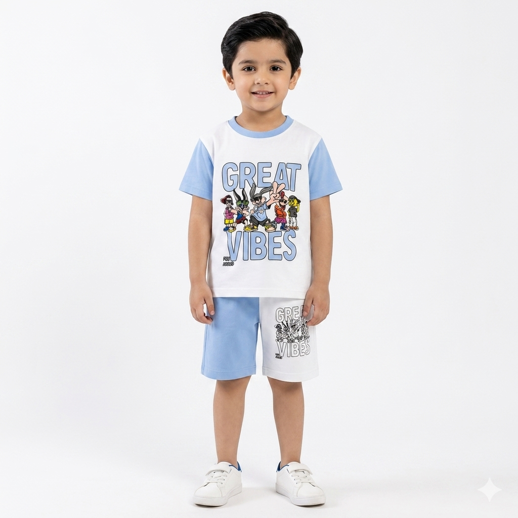 Boys Sky Blue Great Vibes Summer Coord Set (1–12 Years)