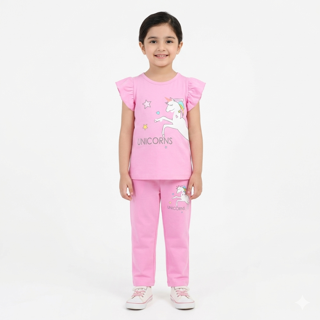Light pink unicorn print summer coord set for kids, featuring a jersey cotton fabric, by Lil' Cubs, includes top and shorts.