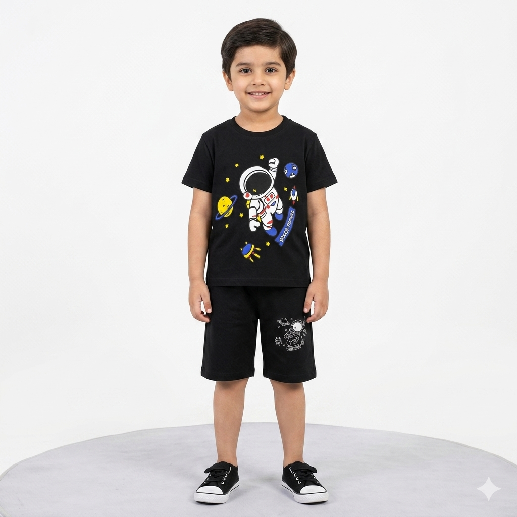 Boys Black Space Travel Print Summer Coord Set (1–12 Years) - Lil' Cubs