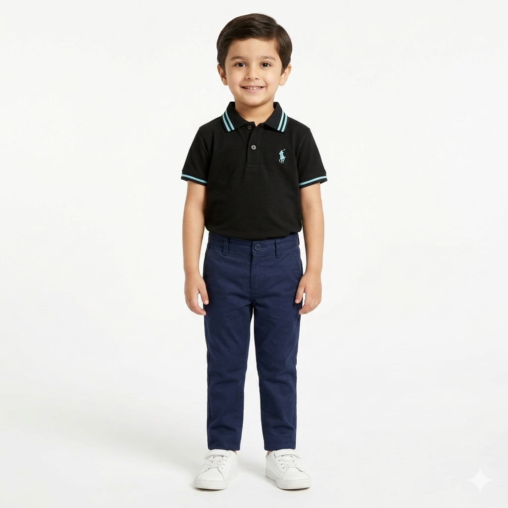 Black boys' polo shirt by lilcubspk with sky blue lining, shown on a young boy, featuring a classic collar and short sleeves.
