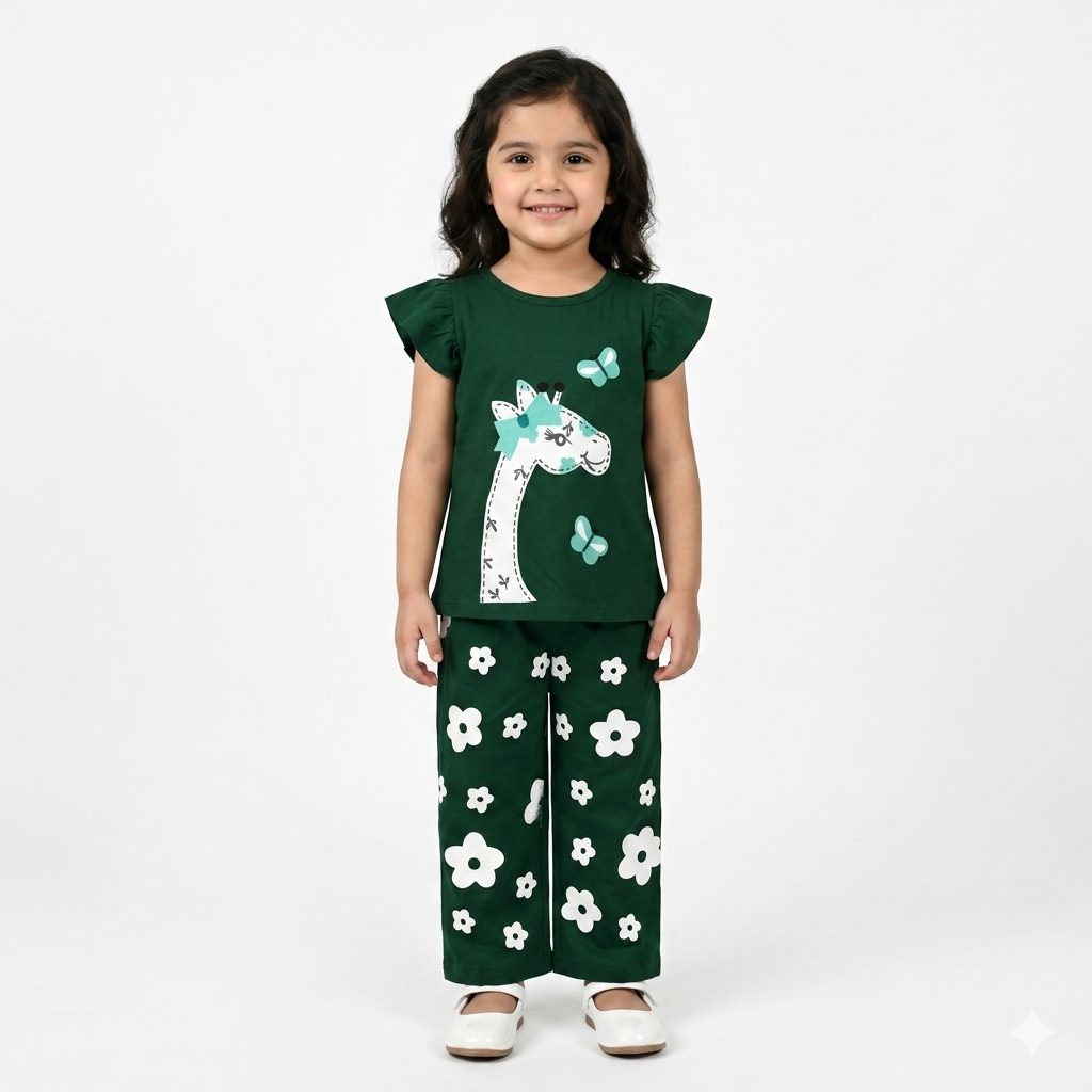 Girls' green summer coord set with giraffe print by lilcubspk, featuring a matching top and shorts for ages 1-10.