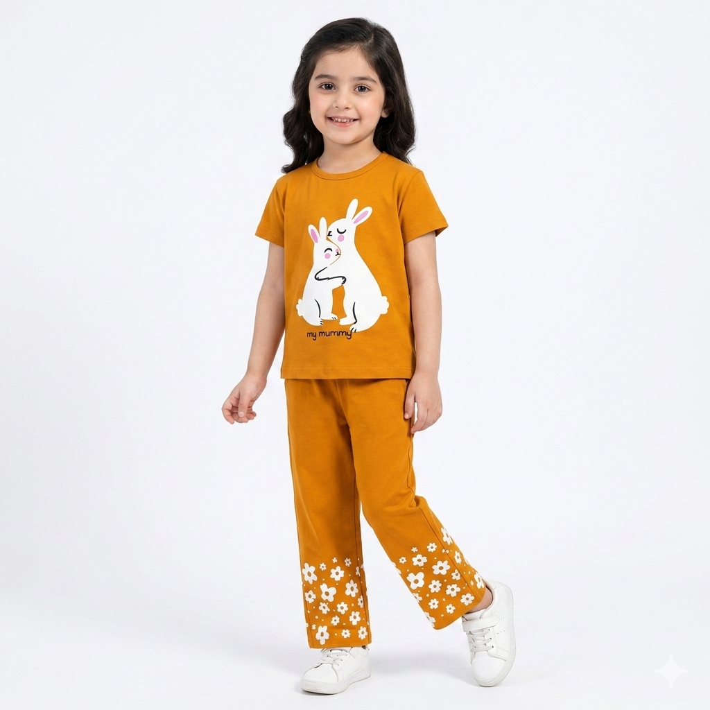 Girls' summer coord set by lilcubspk featuring a mustard rabbit print 2-piece outfit for ages 1-12.