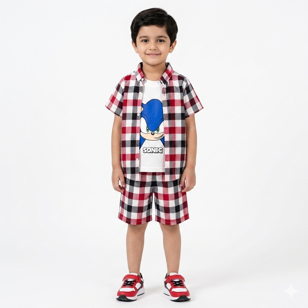 Red check Sonic summer coord set for boys, ages 1-12, featuring a playful design and comfortable fabric from lilcubspk.
