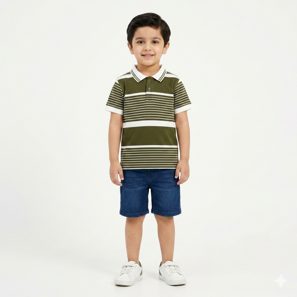 Beige Polo with Dust Green Striped T-Shirt