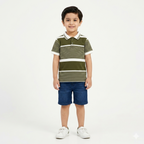 Beige boys polo shirt with dust green striped T-shirt underneath, casual style by lilcubspk.