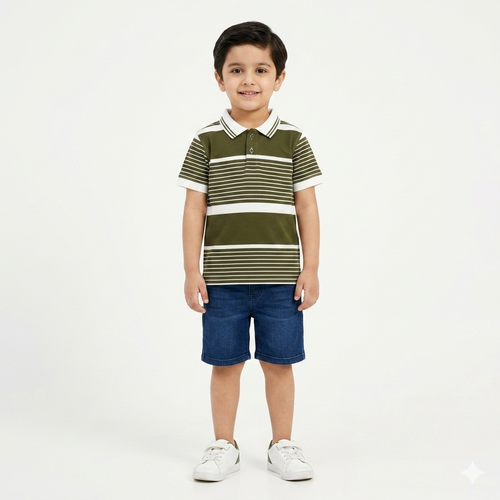 Beige boys polo shirt with dust green striped T-shirt underneath, casual style by lilcubspk.