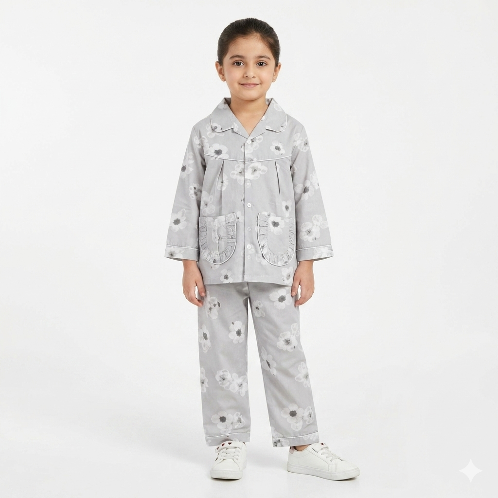 Grey Flower Girl Print 2 Piece Summer Night Suit for 5 - 12 Years - Lil' Cubs