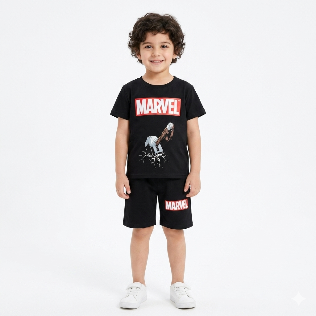 Black Marvel Thor boys' summer coord set for ages 2-12, featuring Thor graphic T-shirt and matching shorts by lilcubspk.