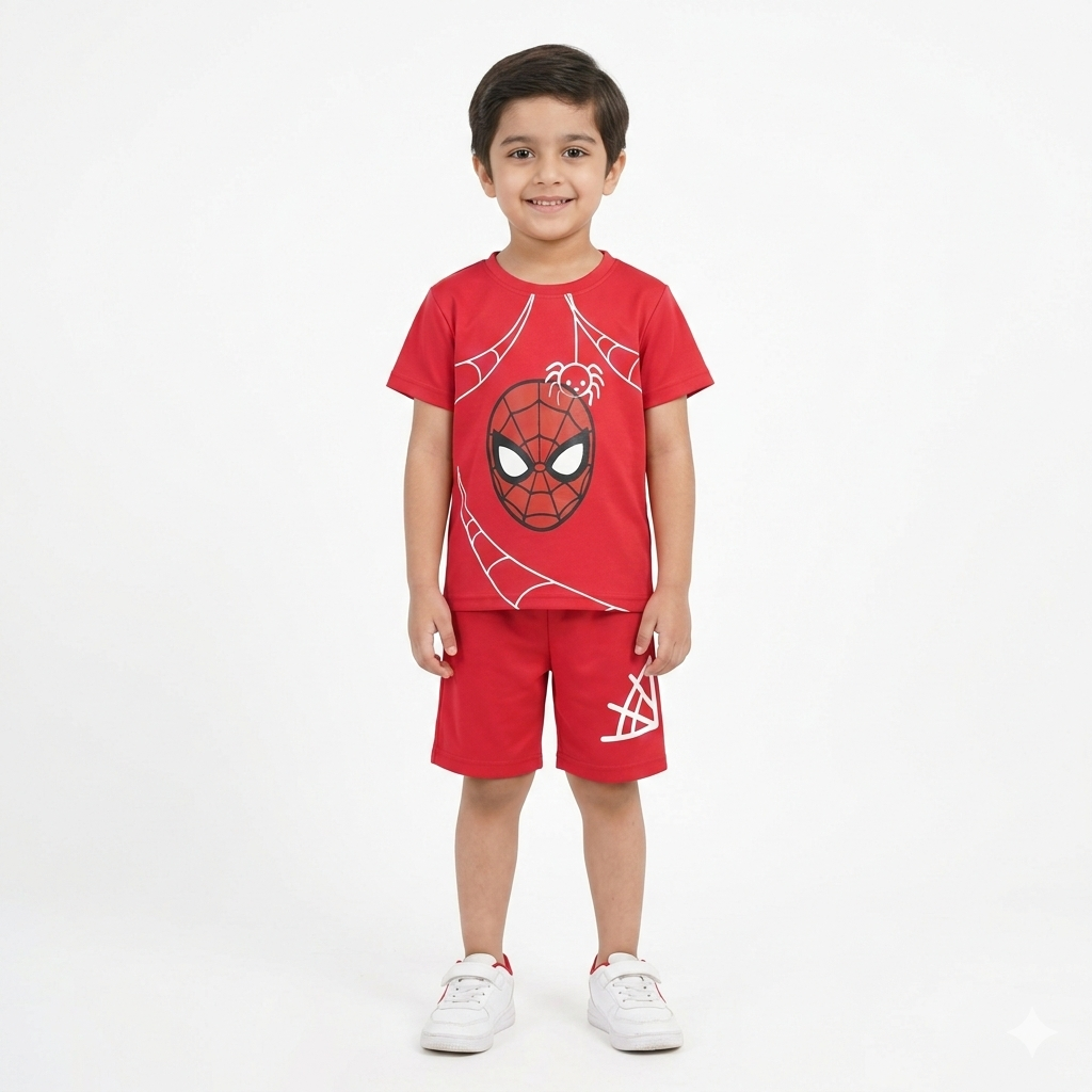 Red spiderweb summer coord set for kids by Lil' Cubs, featuring a two-piece lightweight, breathable design perfect for warm weather.