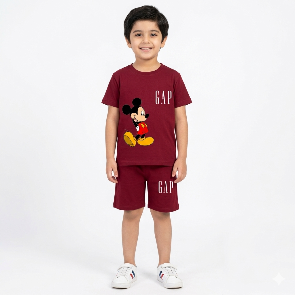 Maroon GAP summer kids' coord set by Lil’ Cubs, with jersey cotton fabric, featuring a matching top and shorts for children.