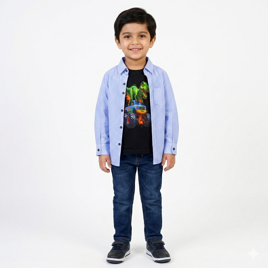 Sky Blue Checked Casual Shirt with Dino & Monster Truck Print T-Shirt
