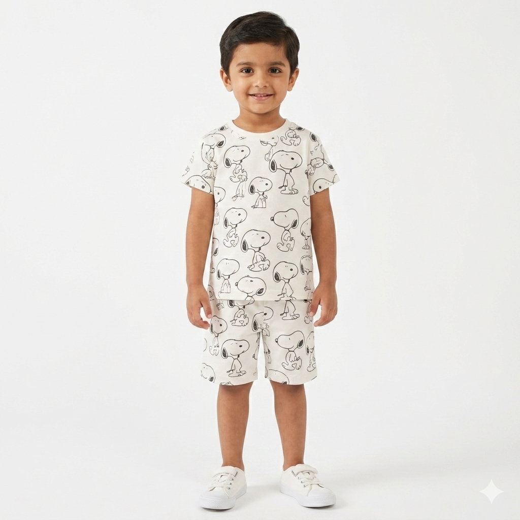 Off White Snoppy summer boys' coord set by lilcubspk, featuring a casual 2-piece outfit for ages 1–12 with playful design.