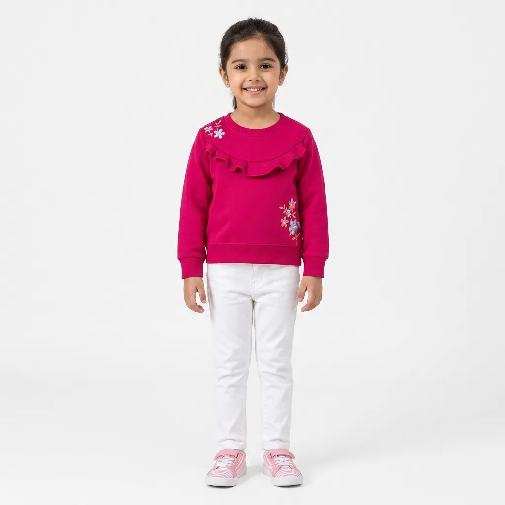 Girls Dark Pink Floral Winter Sweatshirt (Size 9 Months - 12 Years)