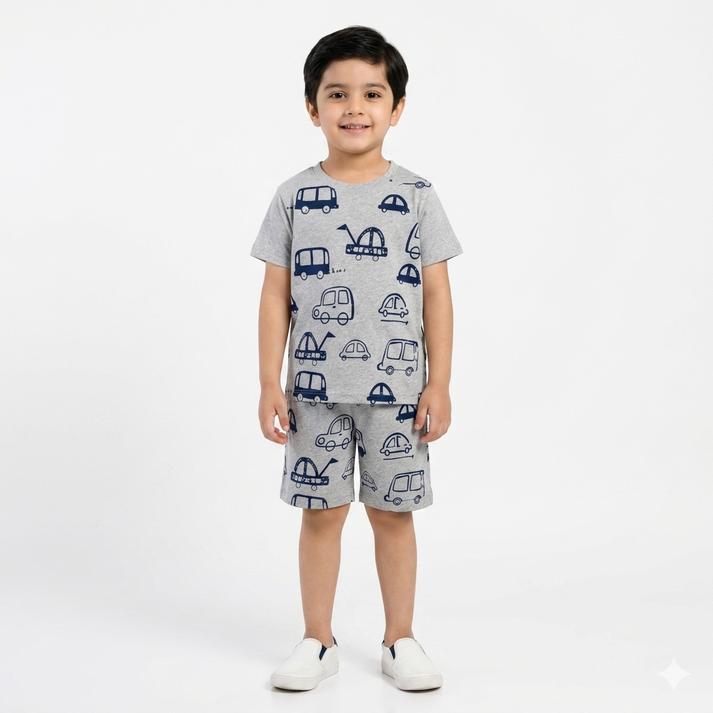 Boys Grey Car Print Summer Coord Set (1–12 Years)