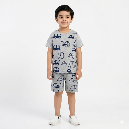 Boys Grey Car Print Summer Coord Set (1–12 Years) - Lil' Cubs