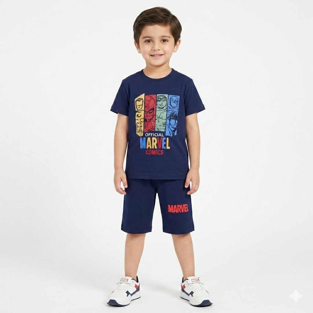 Navy blue summer coord set with Marvel print for kids ages 1-12, featuring a matching top and shorts from lilcubspk.