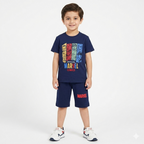 Navy blue summer coord set with Marvel print for kids ages 1-12, featuring a matching top and shorts from lilcubspk.