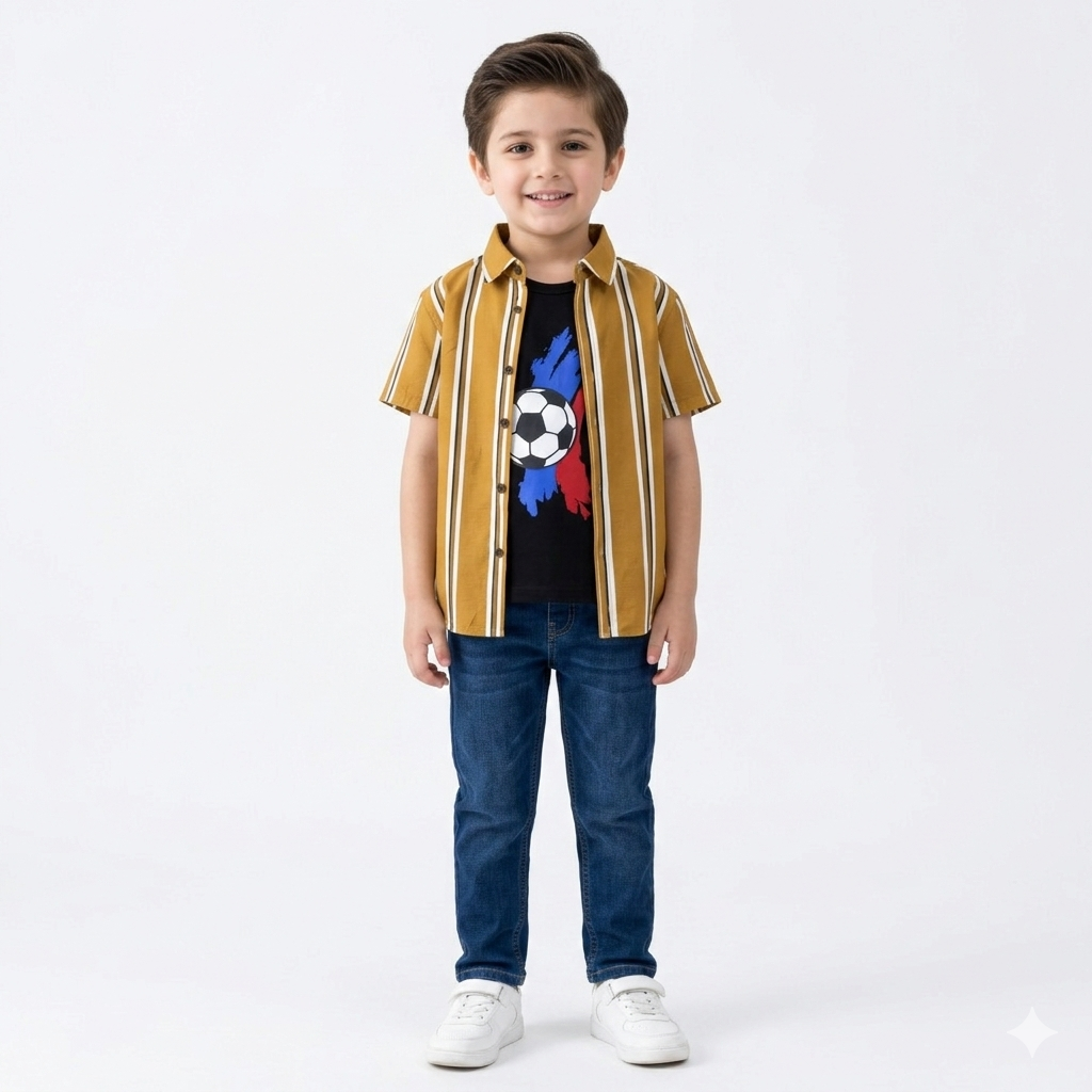 Dark Gold Lining Casual Shirt with Football Print T-Shirt
