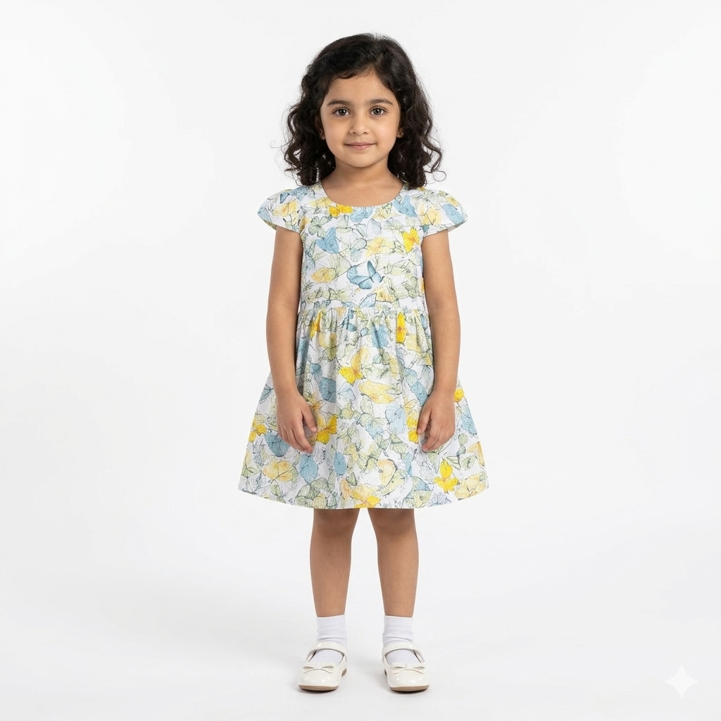 White floral butterfly girls' frock made of imported cotton, size 2-6 years, featuring a charming butterfly and floral design.