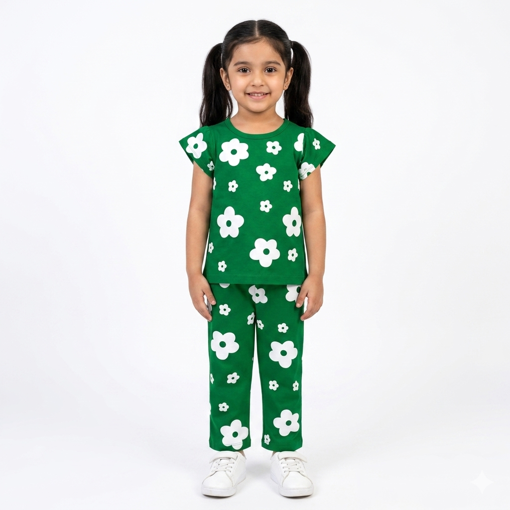Girls green summer coord set with flower print from lilcubspk, featuring a matching top and shorts for ages 1-12.
