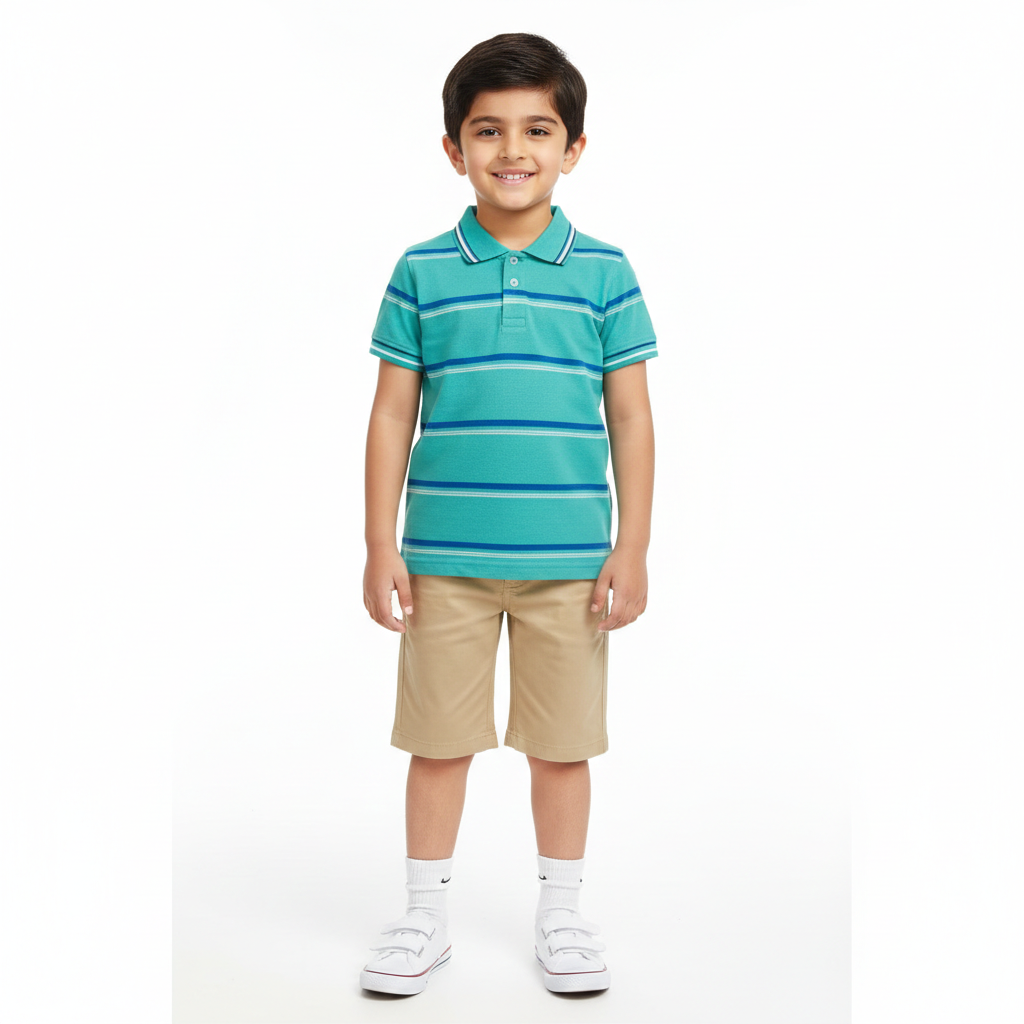 Sea Green Polo with MultiColor Striped T-Shirt - Lil' Cubs