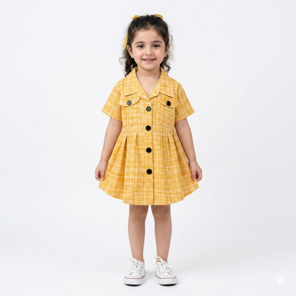 Orange cotton girls' frock by lilcubspk with button details, suitable for ages 2 to 5, perfect for summer wear.