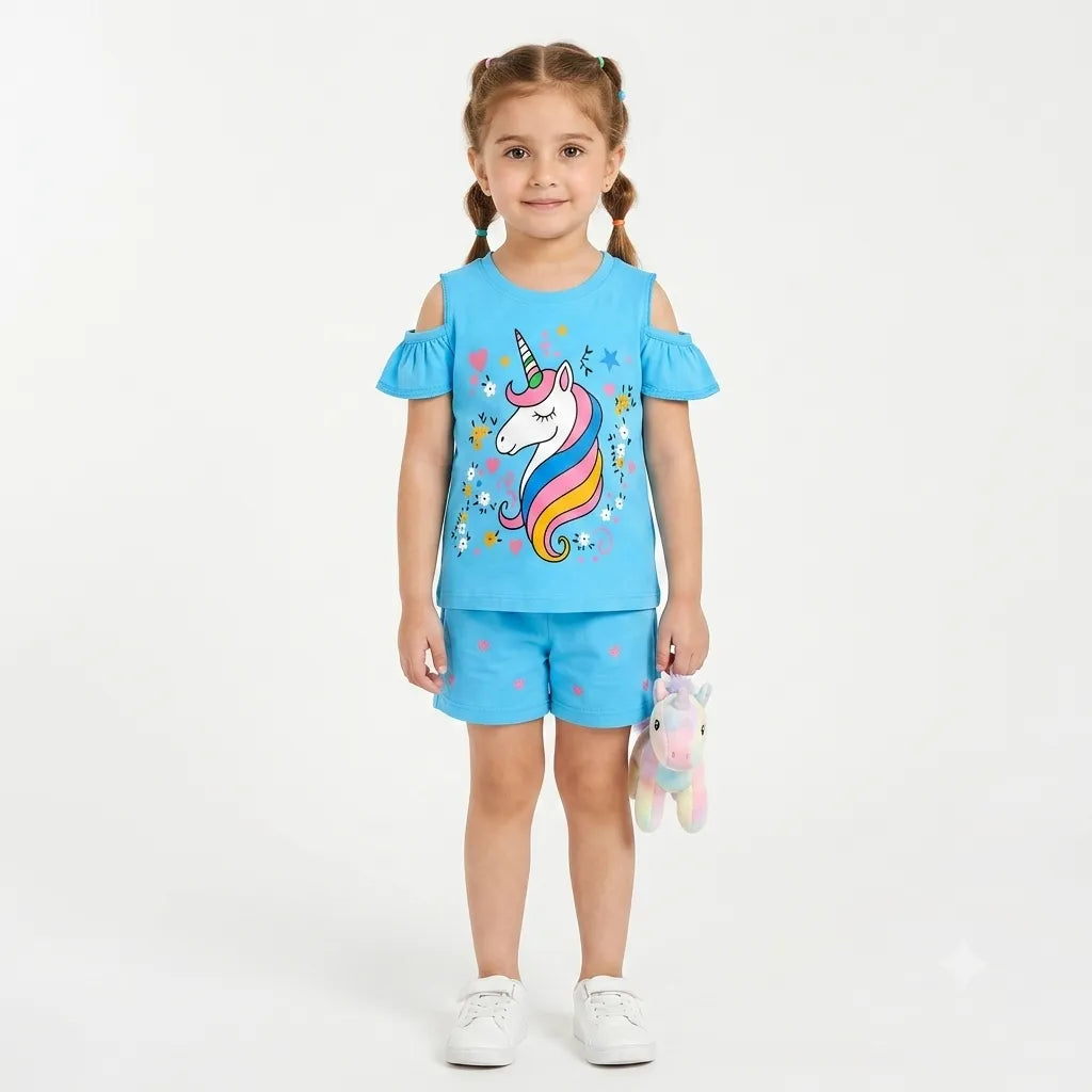 Girls Sky Blue Unicorn Summer T-Shirt - Size 1 - 12 Years