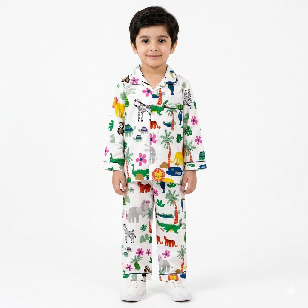 Kids White Jungle Print Summer Night Suit (5 - 12 Years) - Lil' Cubs
