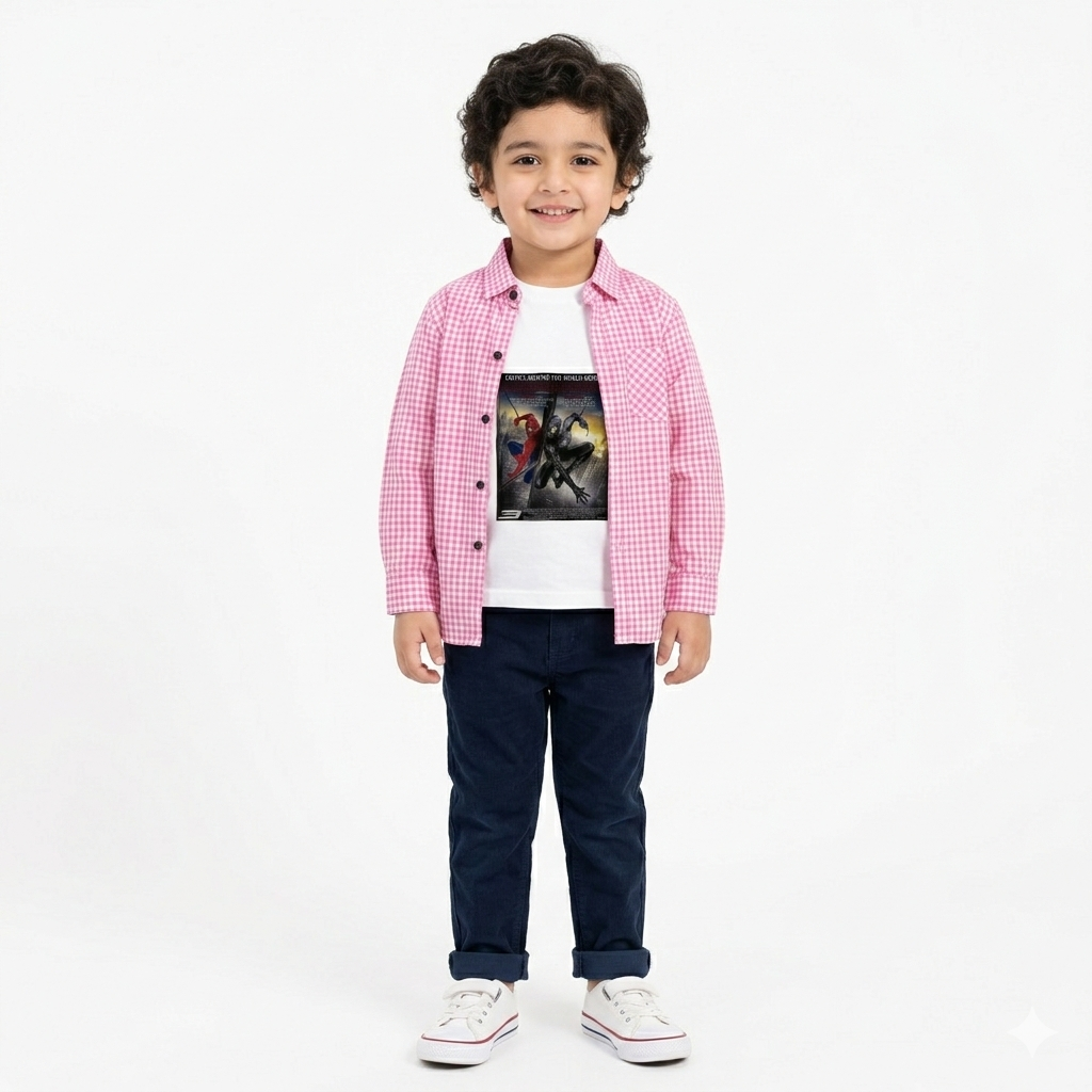 Pink White Small Checked Casual Shirt with Spiderman Print T-Shirt