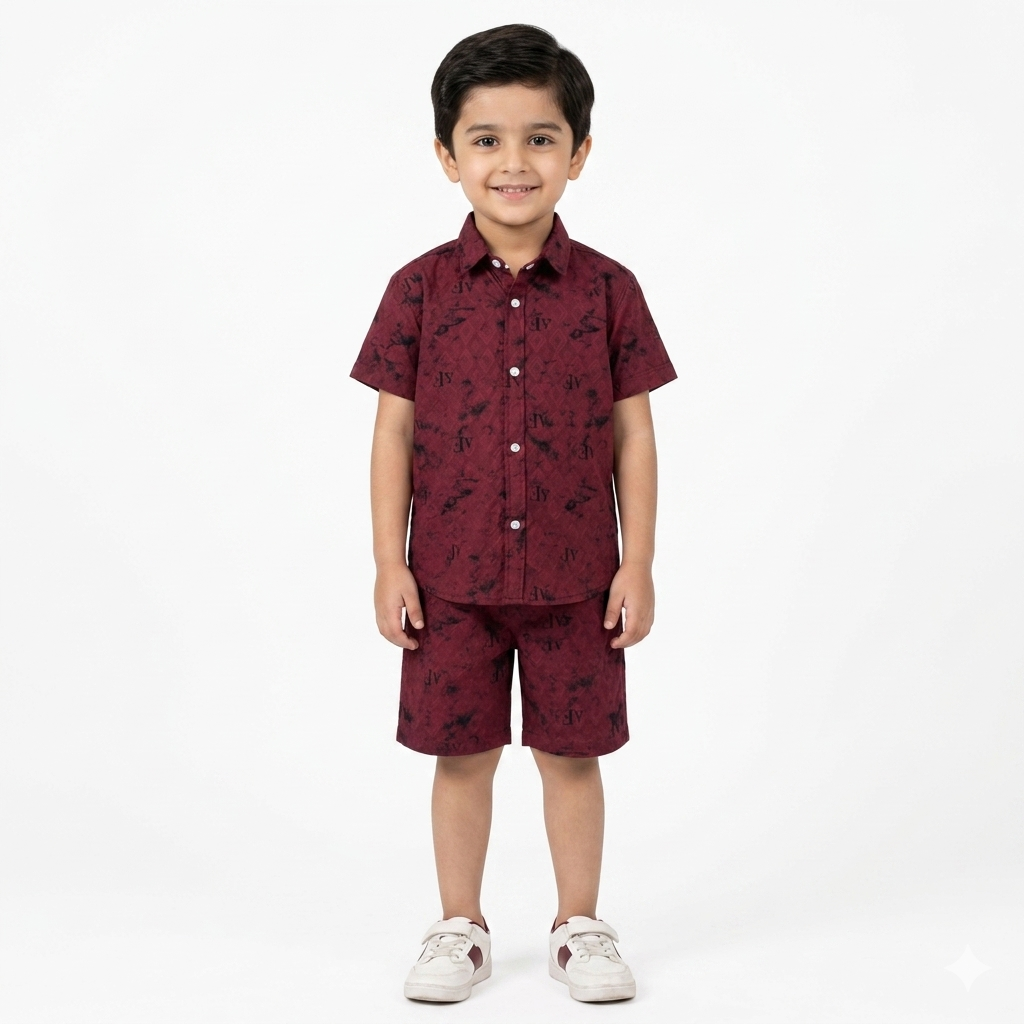 Maroon shadow print summer boys' coord set by lilcubspk for ages 1 to 12, featuring a matching top and shorts.