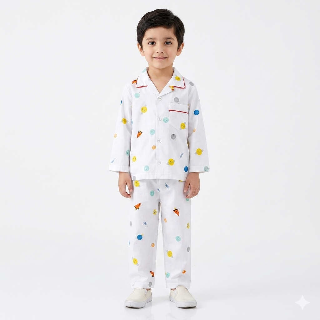Kids White Planet Print Summer Night Suit (1 - 4 Years) - Lil' Cubs