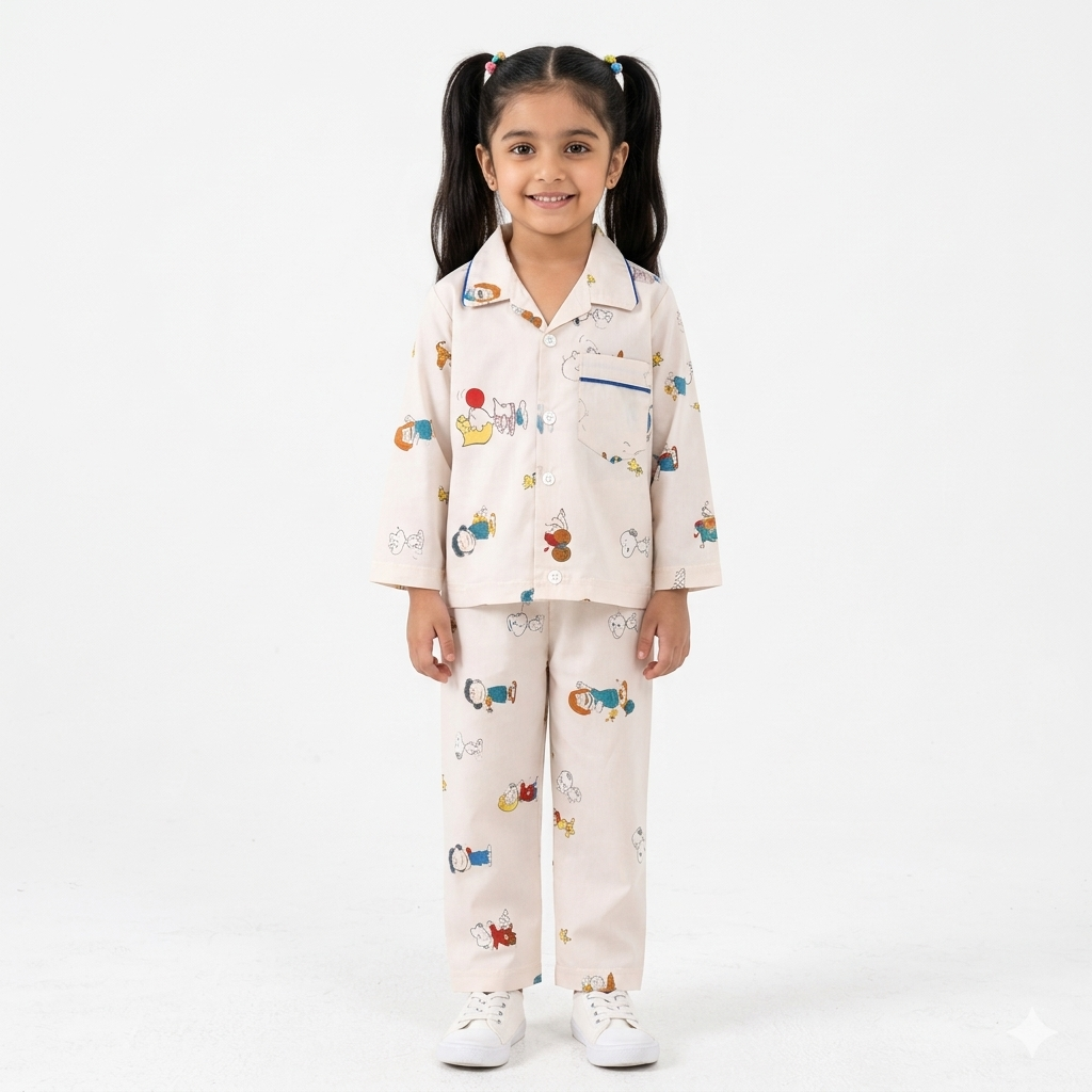 Girls Cotton Night Suit - Off White, Girls Playing Pattern (1-4 Years)