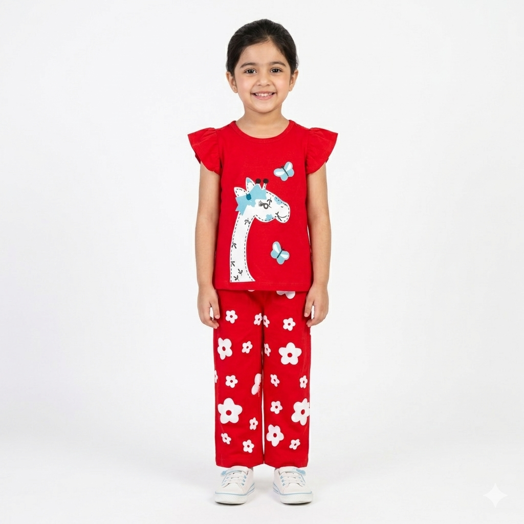 Girls summer coord set with playful giraffe print by lilcubspk for ages 1-10, featuring a top and matching shorts for warm weather.