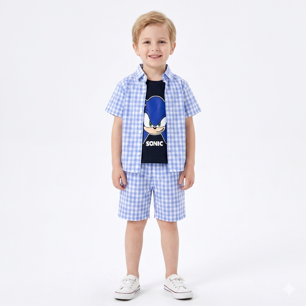 Light Blue Check Sonic Summer Coord Set for Boys (1 - 12 Years) - Lil' Cubs