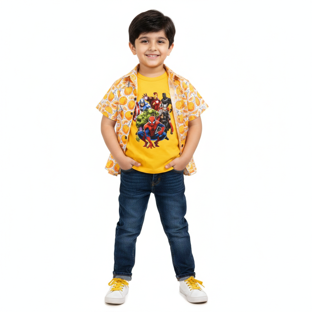 Yellow Orange Casual Shirt with Super Heros Print T-Shirt