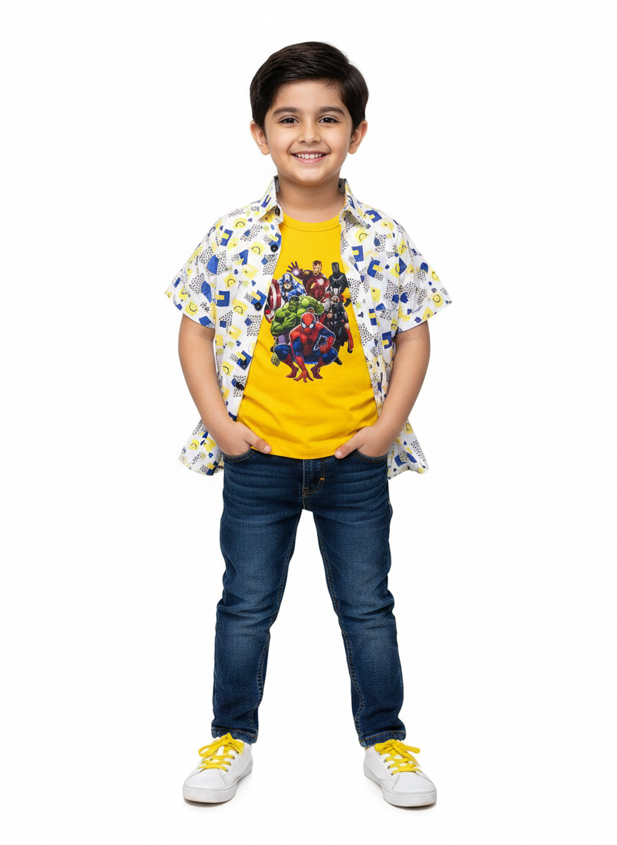 White Smile Casual Shirt with Super Heros Print T-Shirt - Lil' Cubs