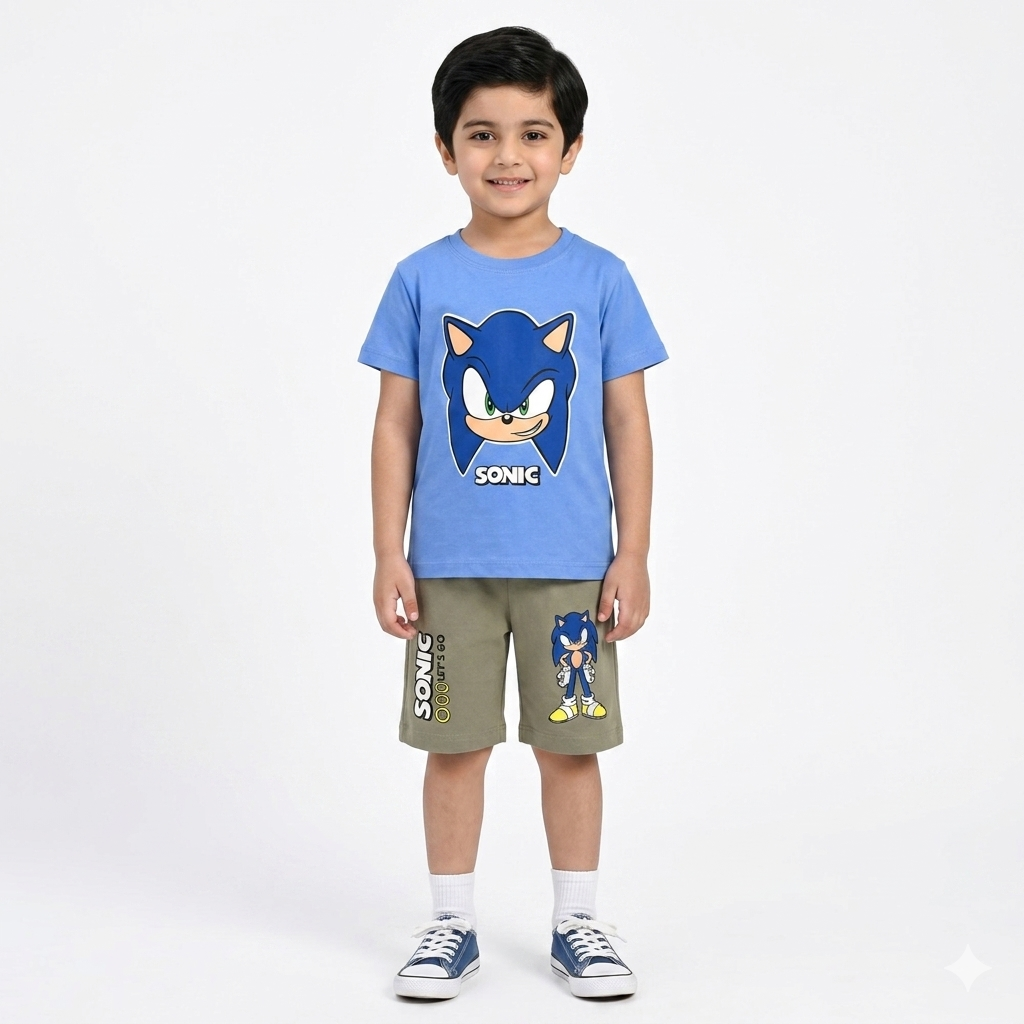 Sky Blue & Light Olive Sonic Coord Set for Boys (1–12 Years)