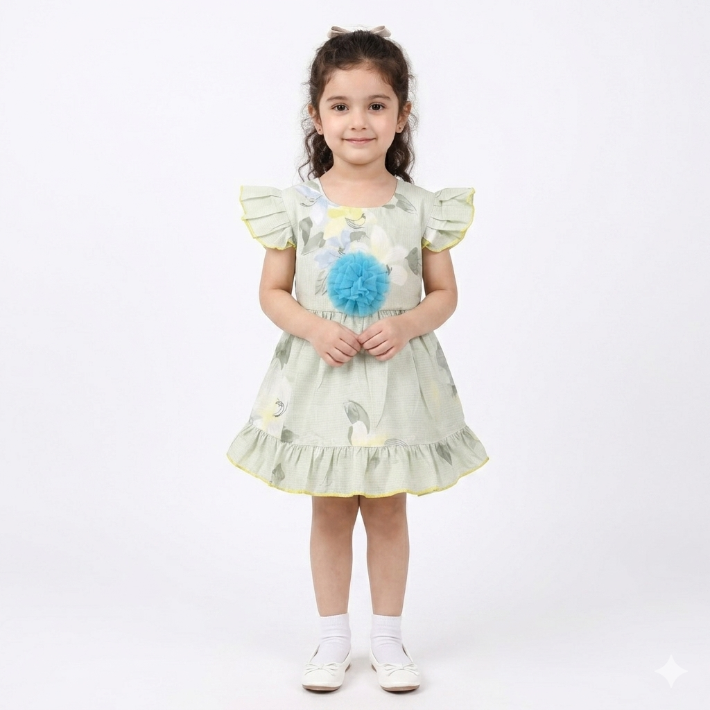 Summer Girls Frock - Light Green Leaf Print Cotton Dress (Ages 2-5)