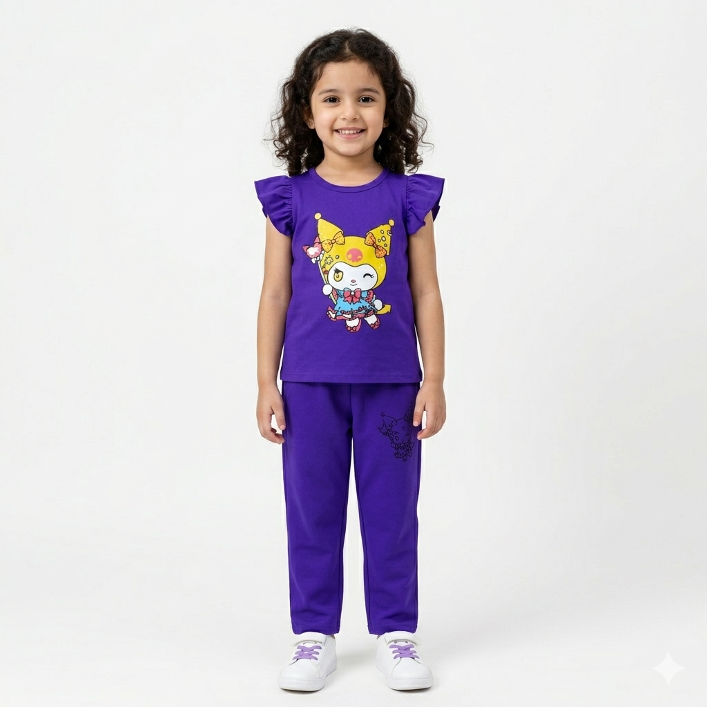 Purple cute cat print summer coord set for girls, made of jersey cotton, by Lil' Cubs, featuring a two-piece matching outfit.