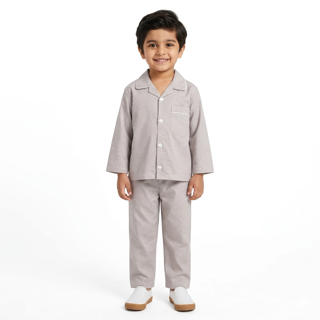 Cotton Night Suit - Sand, White Dot Pattern (1-4 Years)