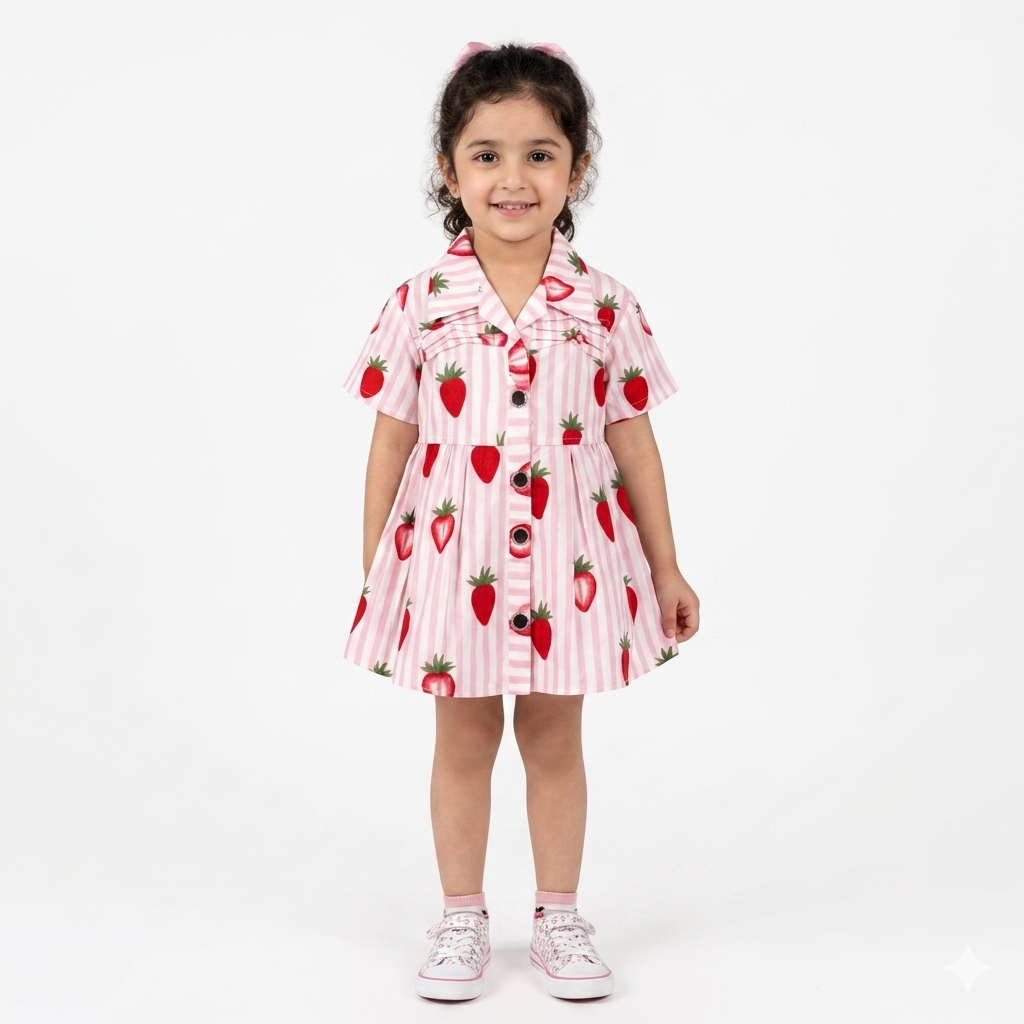 Pink and white strawberry print girls' summer frock by lilcubspk for ages 2-5, featuring a cute, sleeveless design.