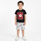 Black and white soccer print kids' summer coord set by Lil’ Cubs, featuring jersey cotton fabric and sporty design.