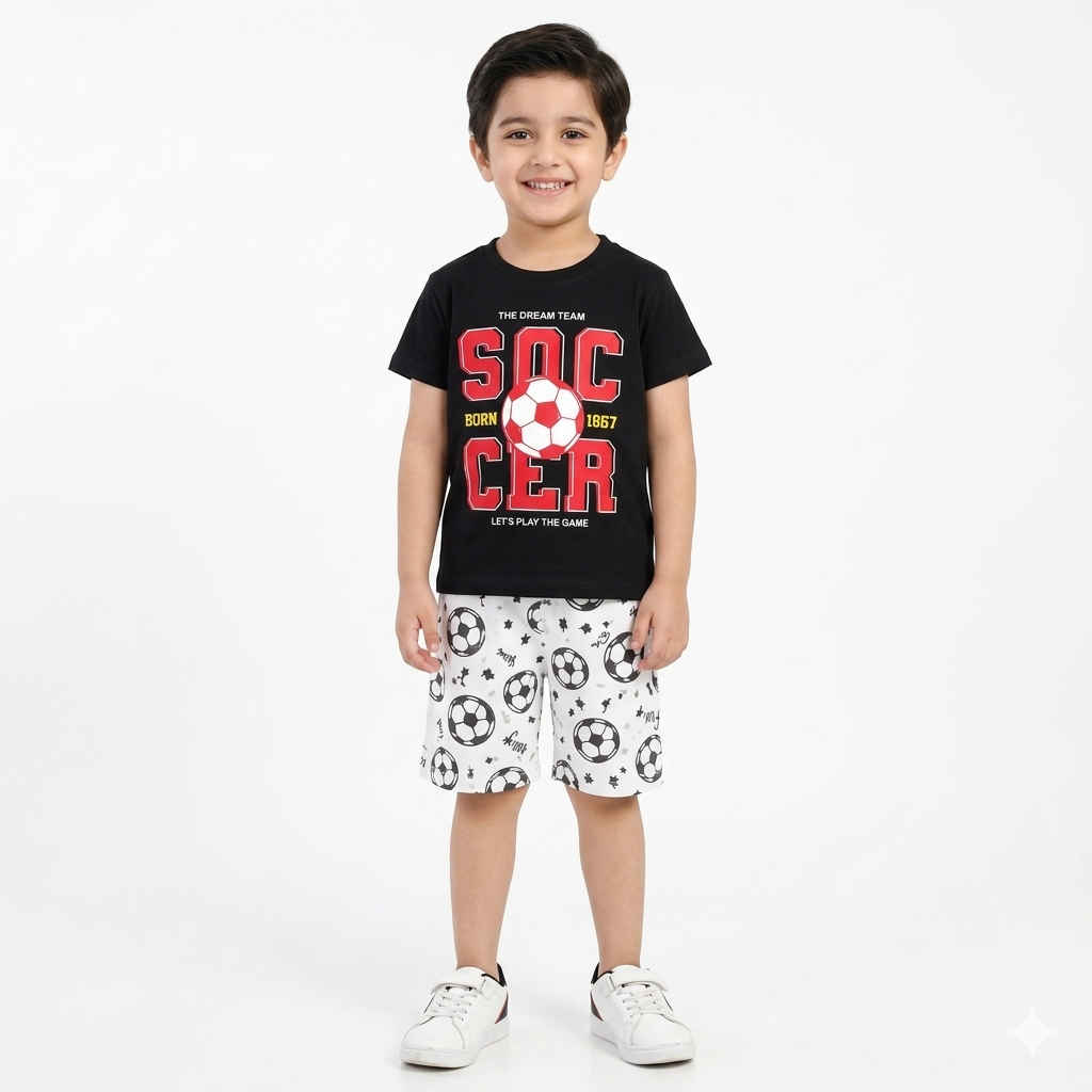 Black and white soccer print kids' summer coord set by Lil’ Cubs, featuring jersey cotton fabric and sporty design.