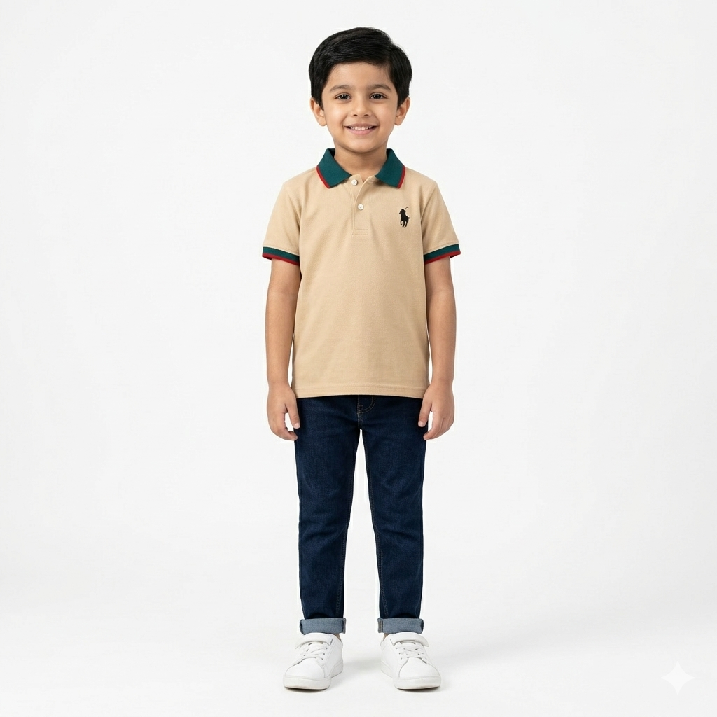 Boys Skin Polo T-Shirt by lilcubspk featuring green and red lining, with a classic polo collar and short sleeves, laid flat.