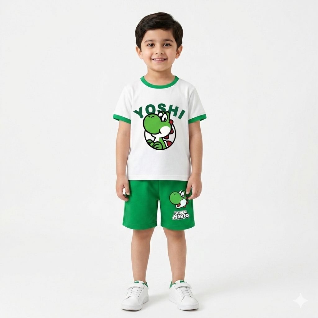 Boy wearing Lilcubspk Yoshi summer 2-piece coord set in white and green, suitable for ages 1 to 12 years.