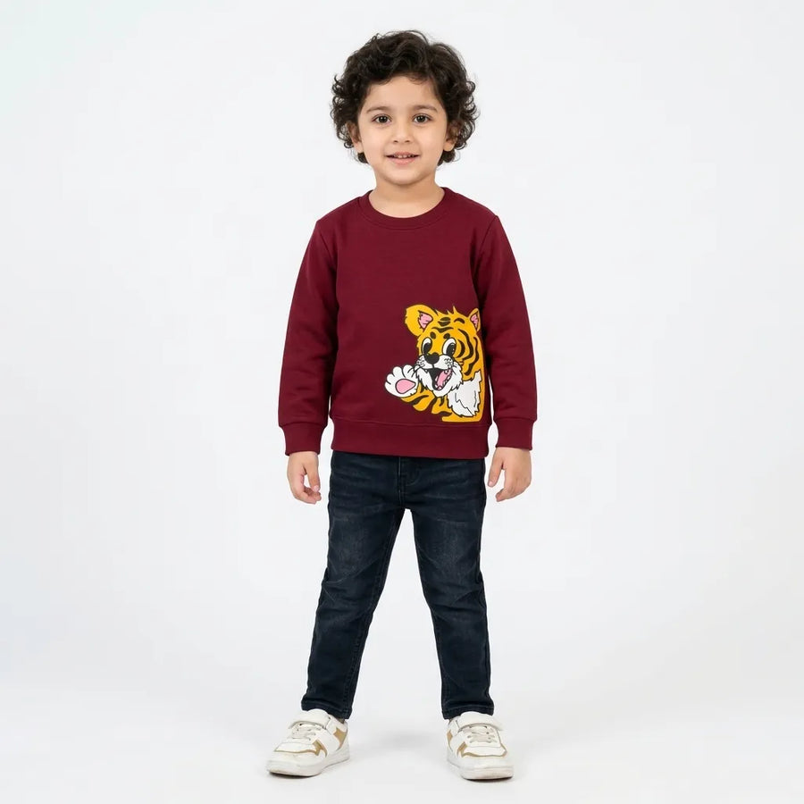 Boys Winter Maroon Tiger Print Fleece Sweatshirt (Size 1 - 12 Years)