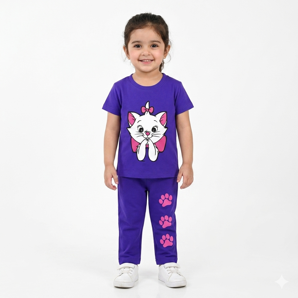 Purple cat-themed summer coord set for kids by Lil' Cubs, featuring a matching top and shorts with playful feline designs.